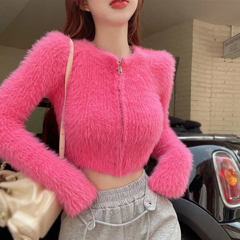 Women's Sweater Knitted Cardigan Short Style Zipper