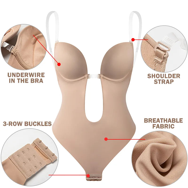 Invisible Shaper Bra Corset Backless V-Neck U Plunge Clear Strap