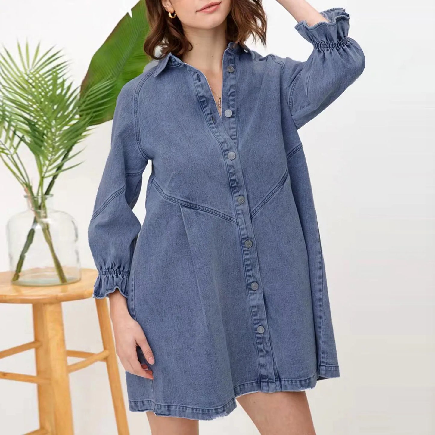 Short Dress Lantern Slim Short Jean Dress - integrityhomedecor