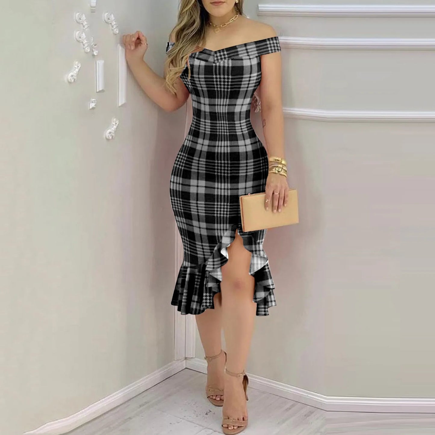 Women's Off Shoulder Dress Ruffle Hem Slit - integrityhomedecor