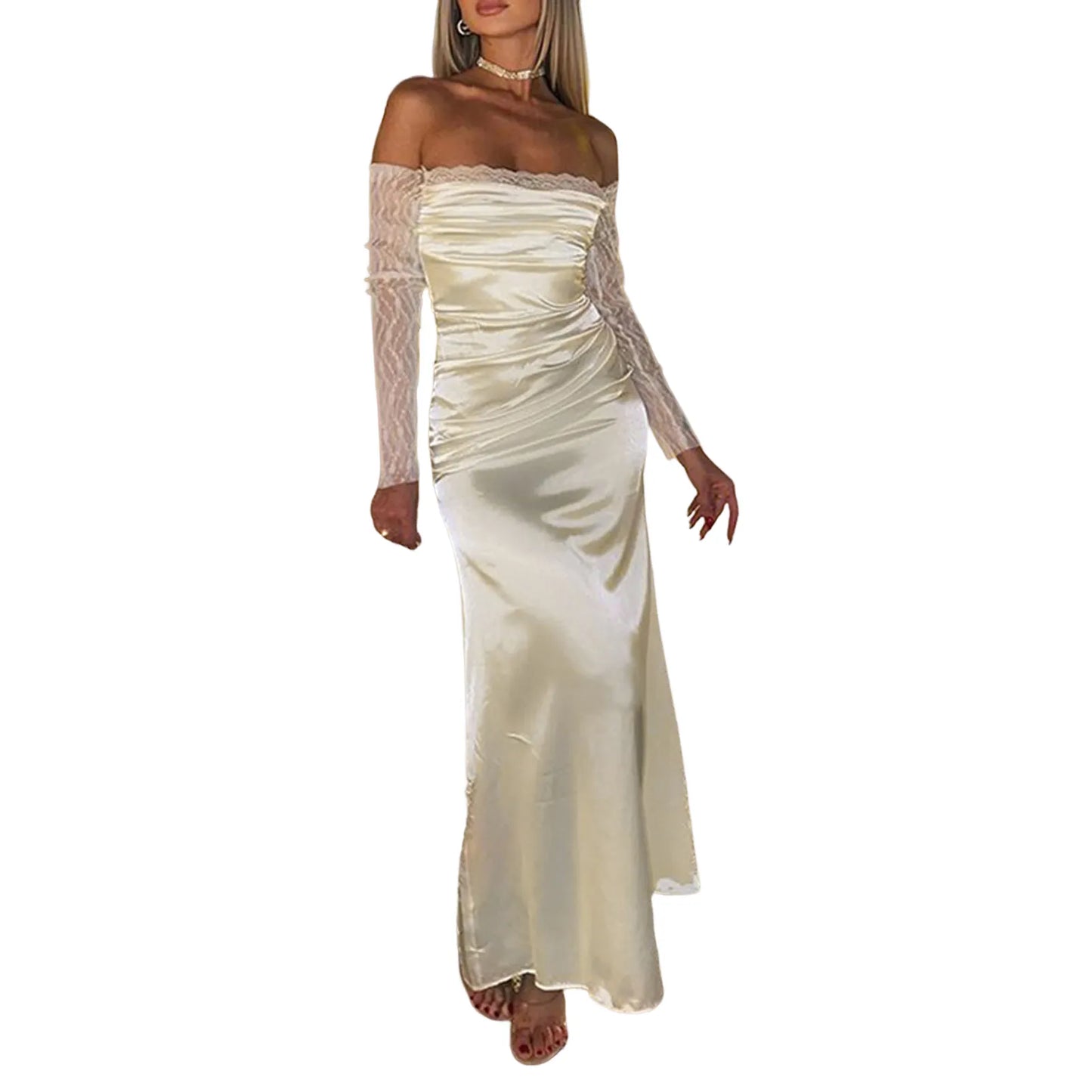 Women Wedding Dress Off Shoulder Ladies Long Sleeve Dress Slash Neck Lace Tunic Dress Spicy Girl Solid Color Party Clothing - integrityhomedecor