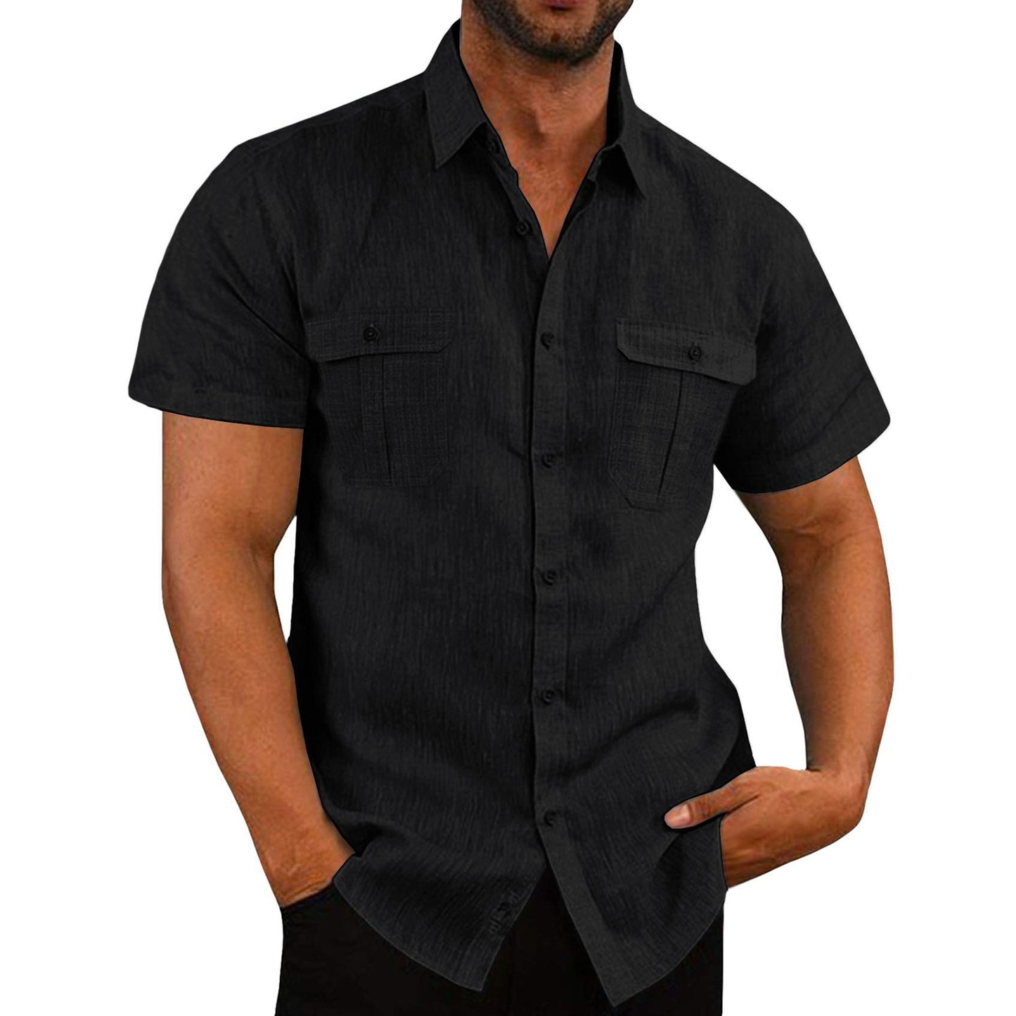 Male Casual Solid Blouse Double Pocket Short Sleeve Turn-Down Collar Shirts Man Tee Fashion Breathable Male Blouse - integrityhomedecor