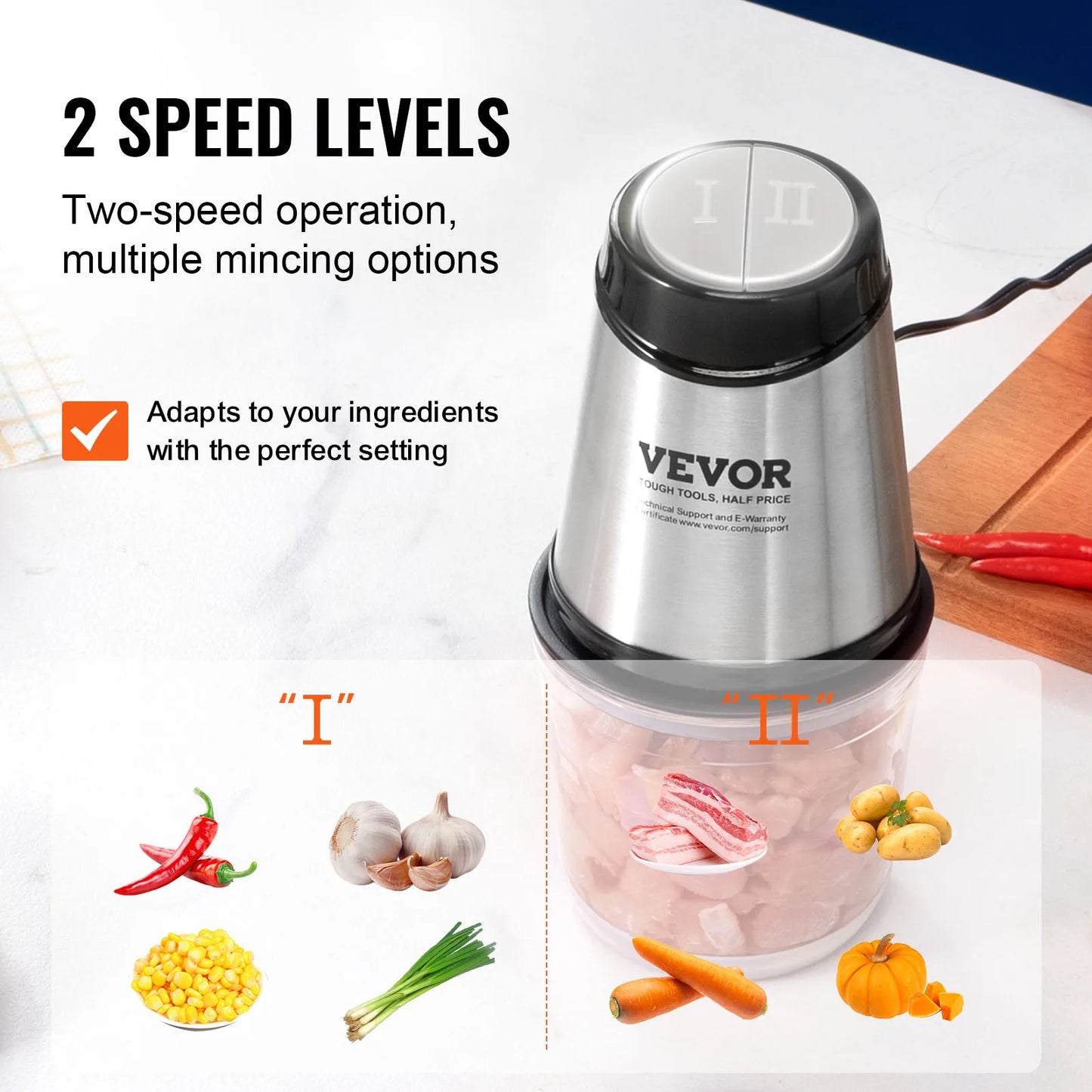 Electric Meat Grinder with 4-Wing Stainless Steel Blades 2.5 Cup Glass Bowl
