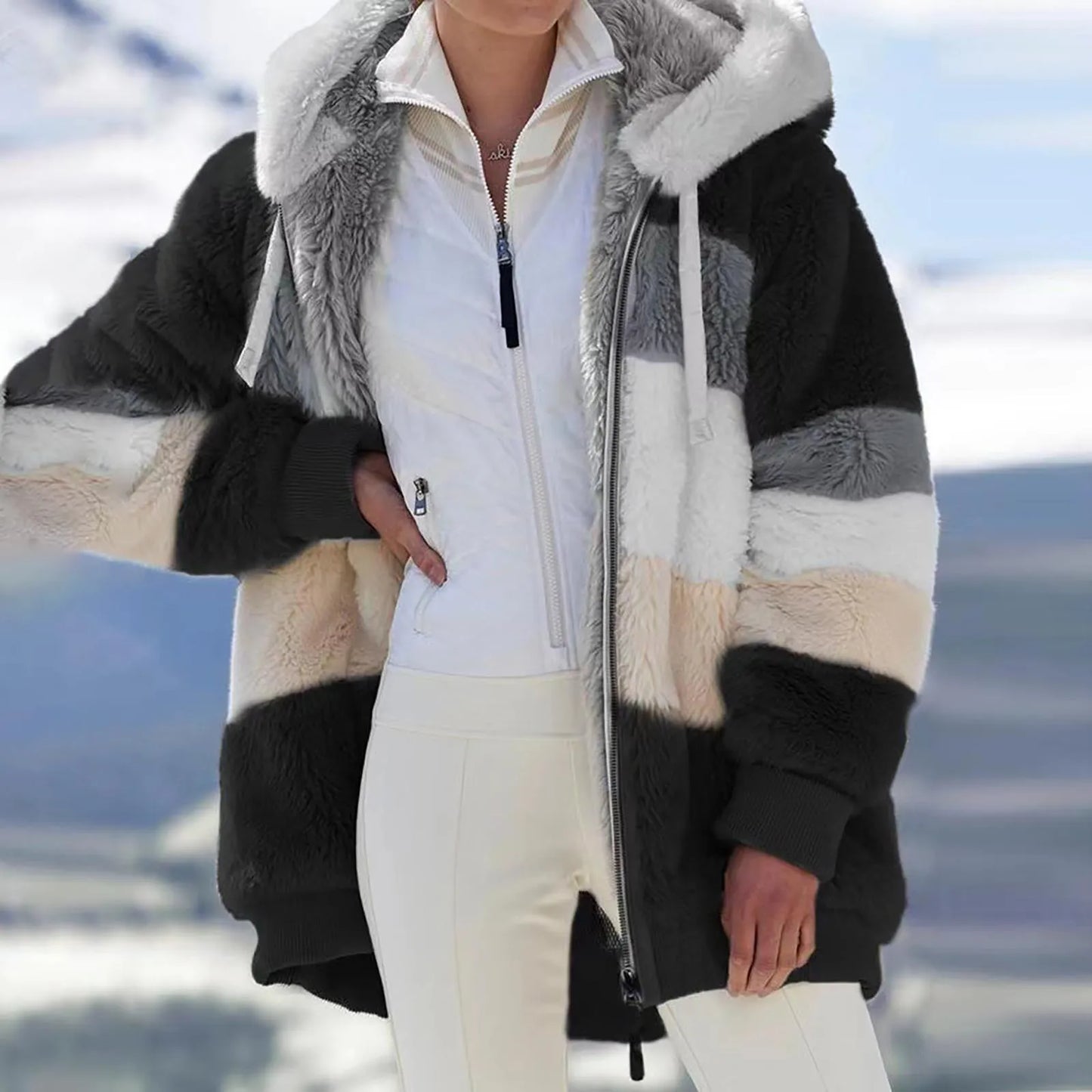 Women's Plush Jacket Long Sleeve Zipper Pocket Hooded Coat Thick High Quality - integrityhomedecor