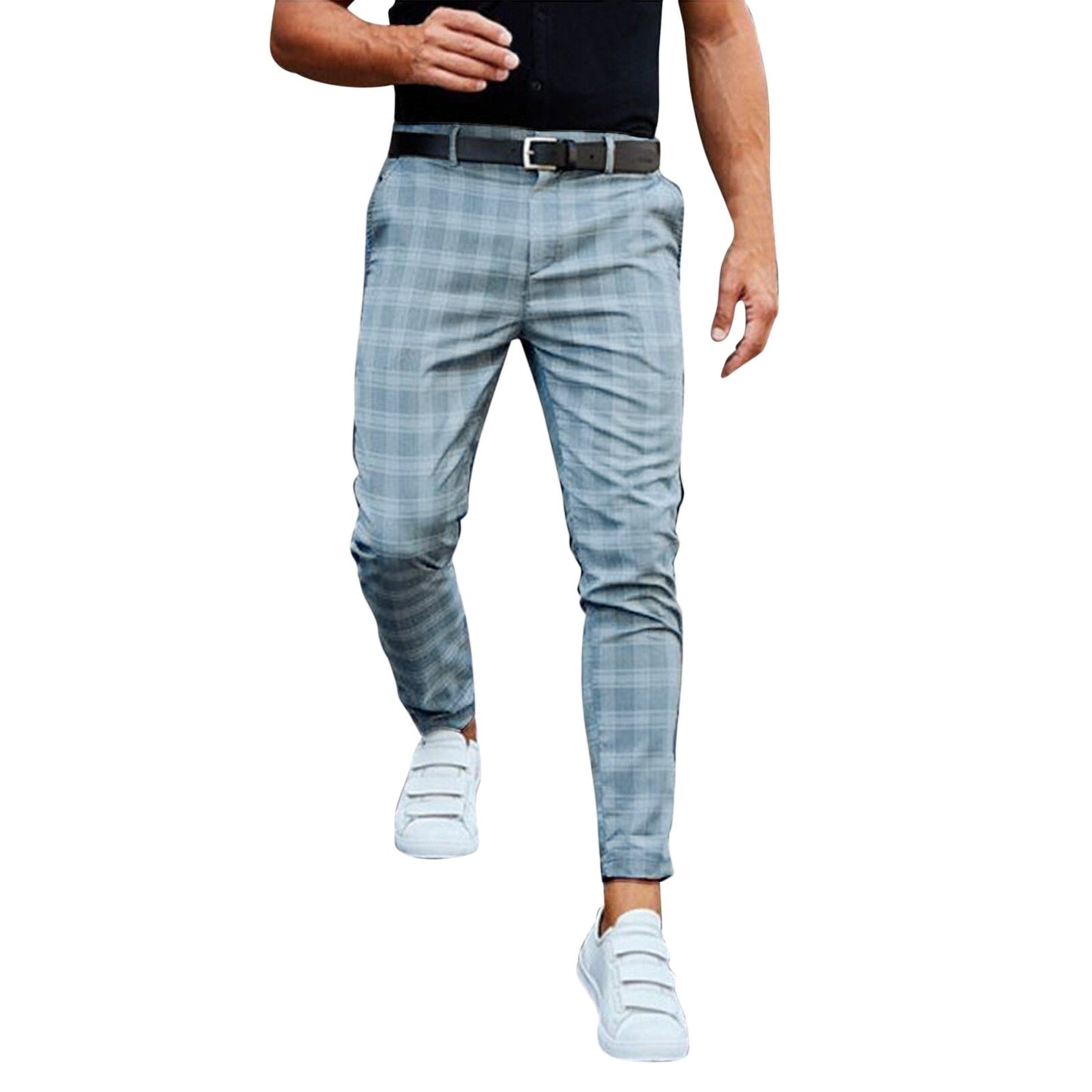 Men Clothing Leisure Pants New Fashion Blue Plaid Casual Trousers Pencil Pants For Men - integrityhomedecor