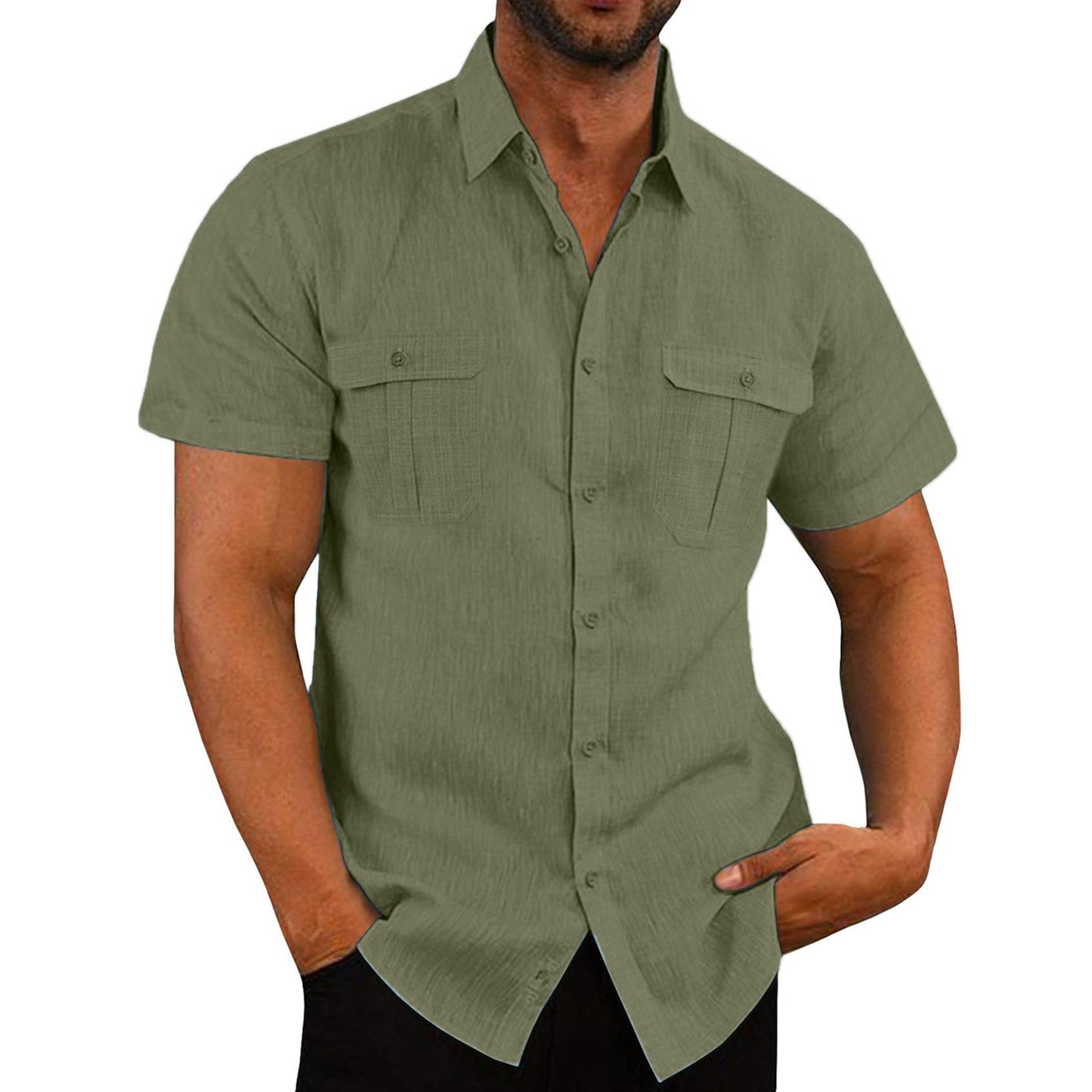 Male Casual Solid Blouse Double Pocket Short Sleeve Turn-Down Collar Shirts Man Tee Fashion Breathable Male Blouse - integrityhomedecor