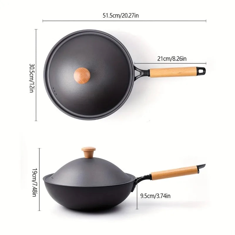 1pc, Wok With Lid (12''), Cast Iron