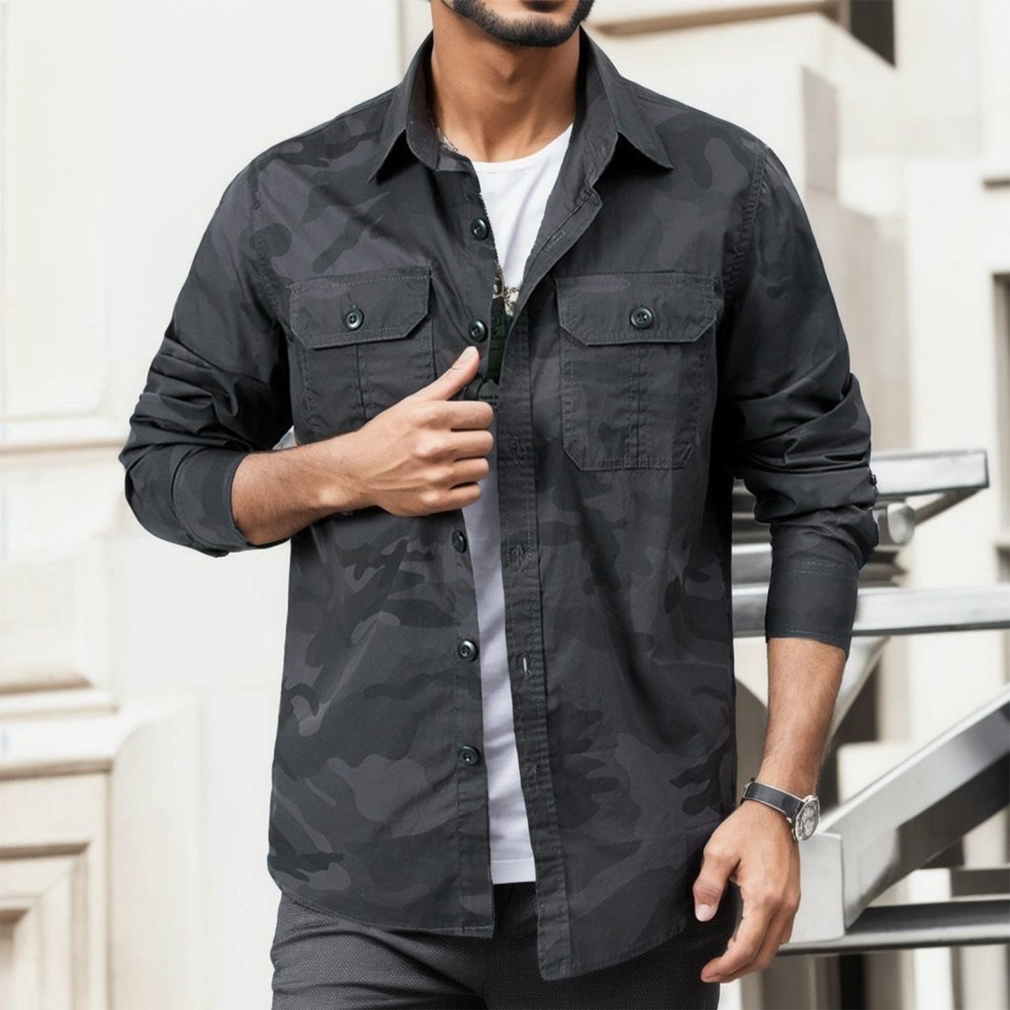 Men Camouflage Shirt Long-Sleeve Button Cargo With Double Pockets - integrityhomedecor