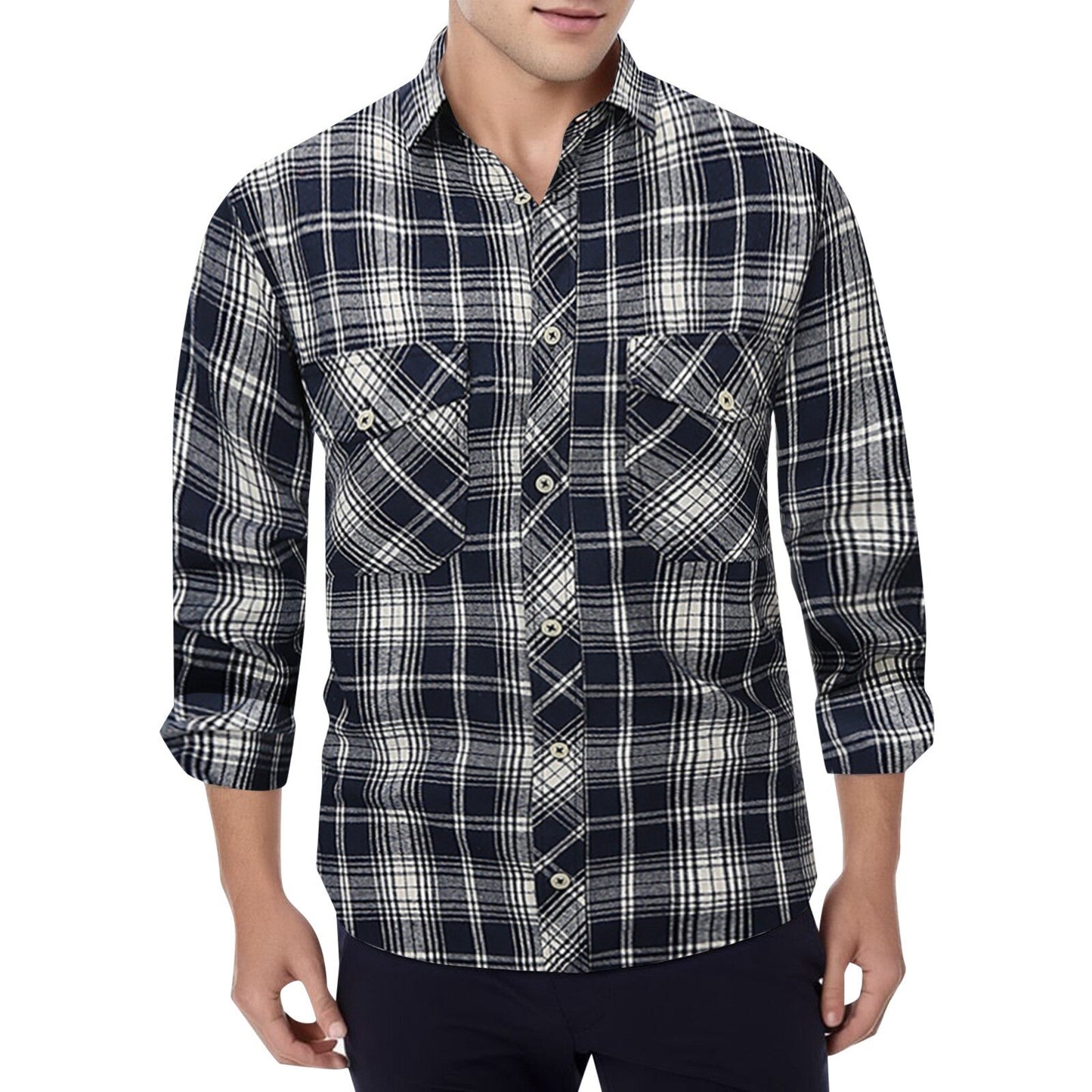 Men's Plaid Shirt Double Pockets Button Cardigan - integrityhomedecor