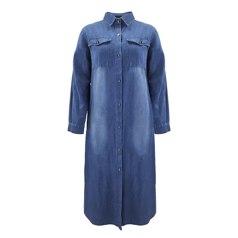Single Breasted Denim Dresses Women's Clothing Pocket Long Sleeve - integrityhomedecor