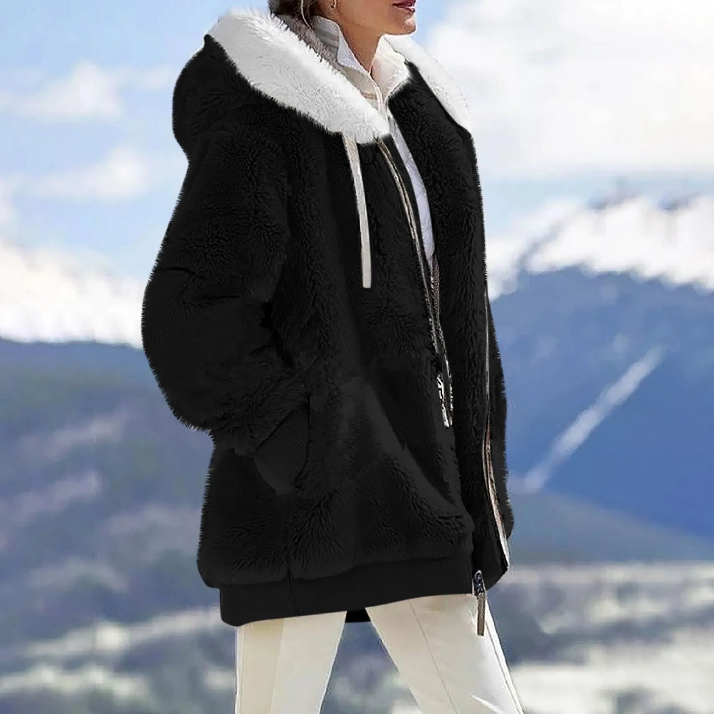 Jacket for Women Plush Pocket Hooded Streetwear - integrityhomedecor