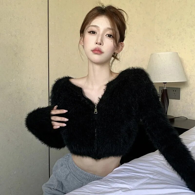 Women's Sweater Knitted Cardigan Short Style Zipper