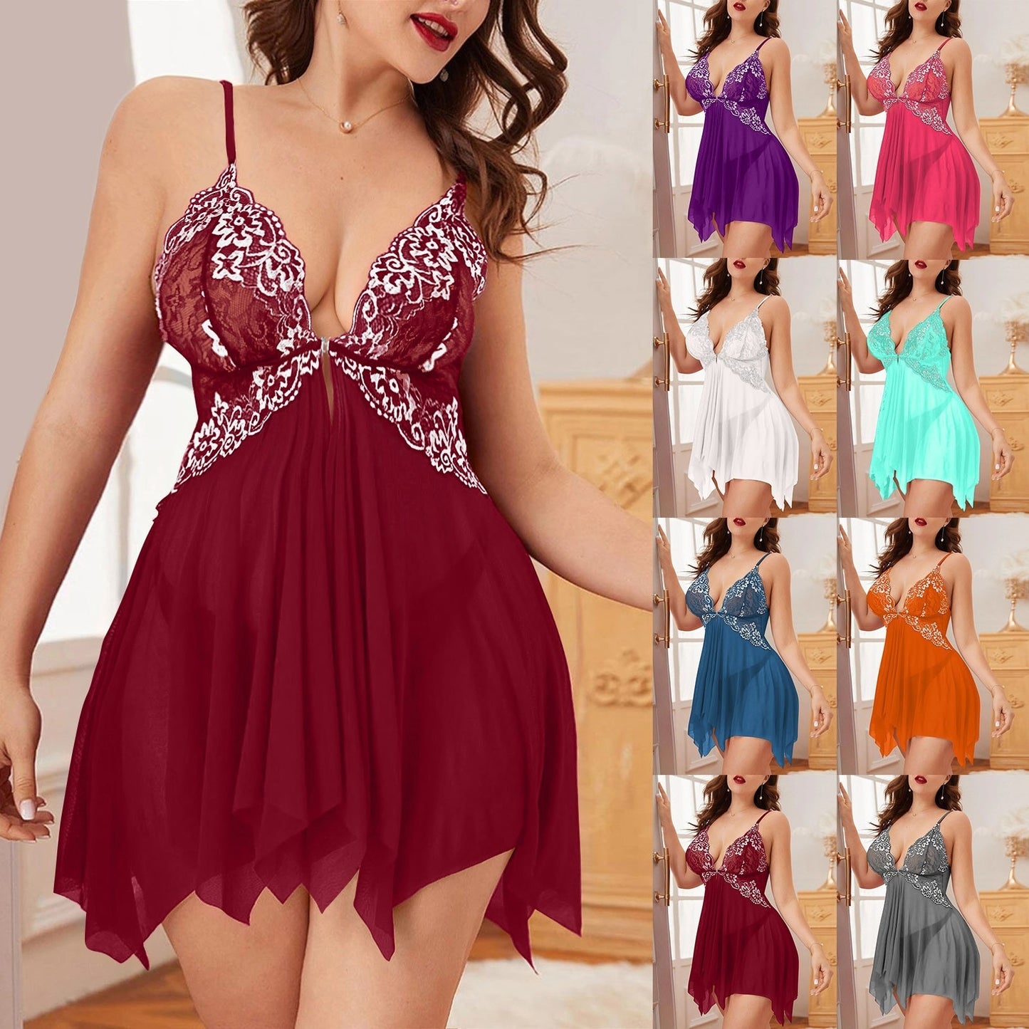 Women's Deep V Neck Lace Stitching Sleeveless Lingerie - integrityhomedecor