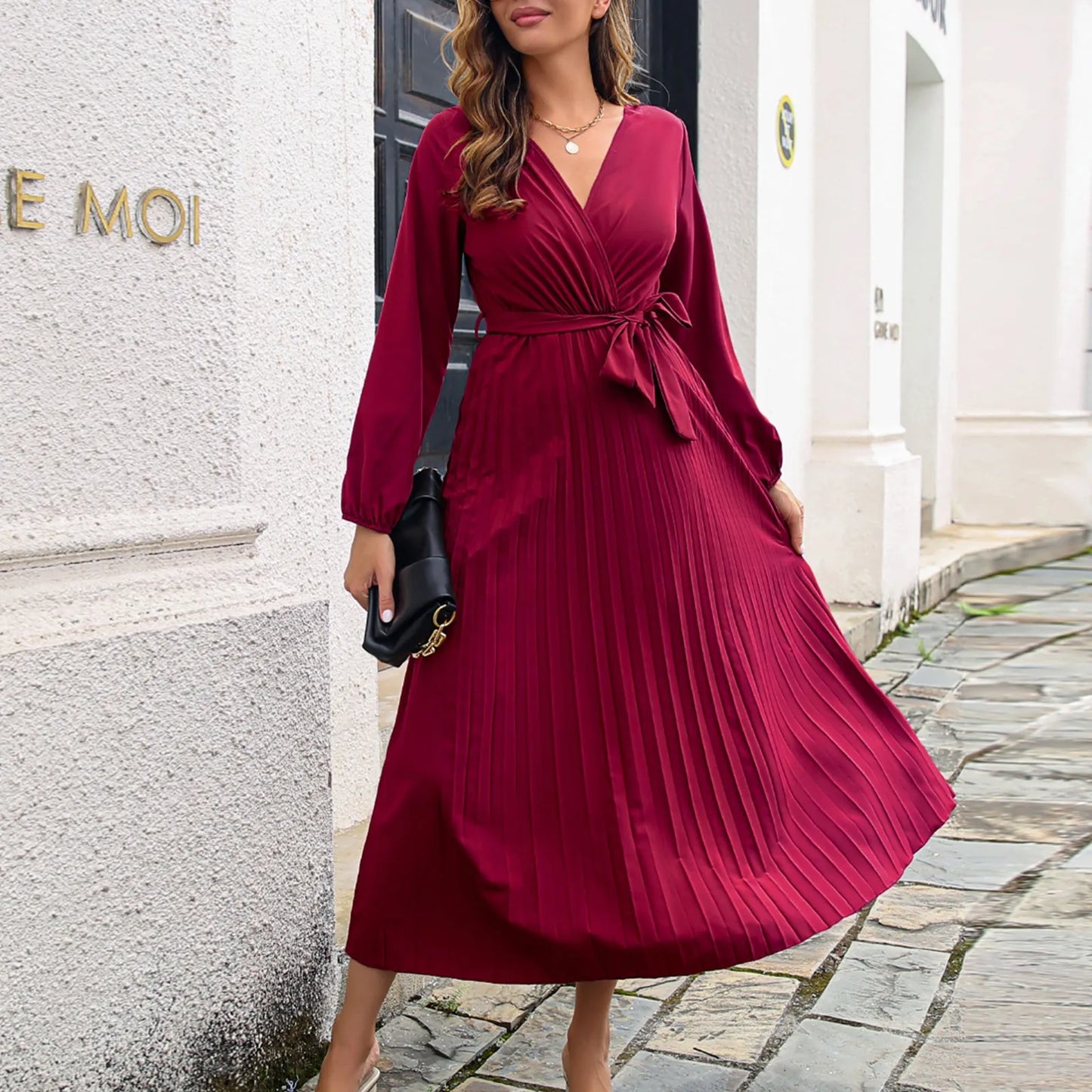 Women's Dress Large Swing Pleated Long Sleeve - integrityhomedecor