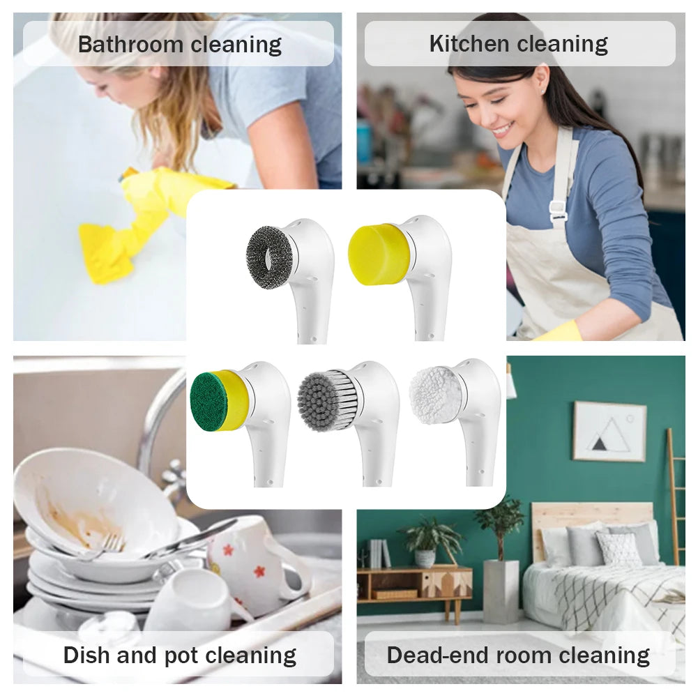 5pcs Electric Cleaning Brush Waterproof Handheld Scrubber Bathroom