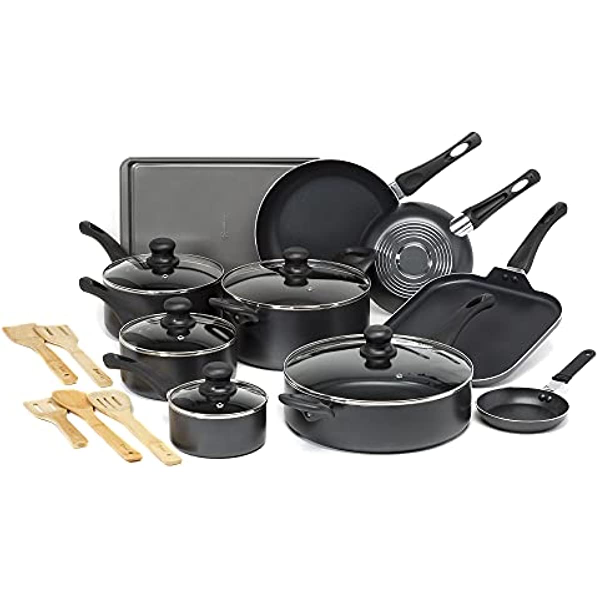 Nonstick Cookware Set Features Bamboo Cooking Utensils Vented Glass Lids 20-Piece - integrityhomedecor