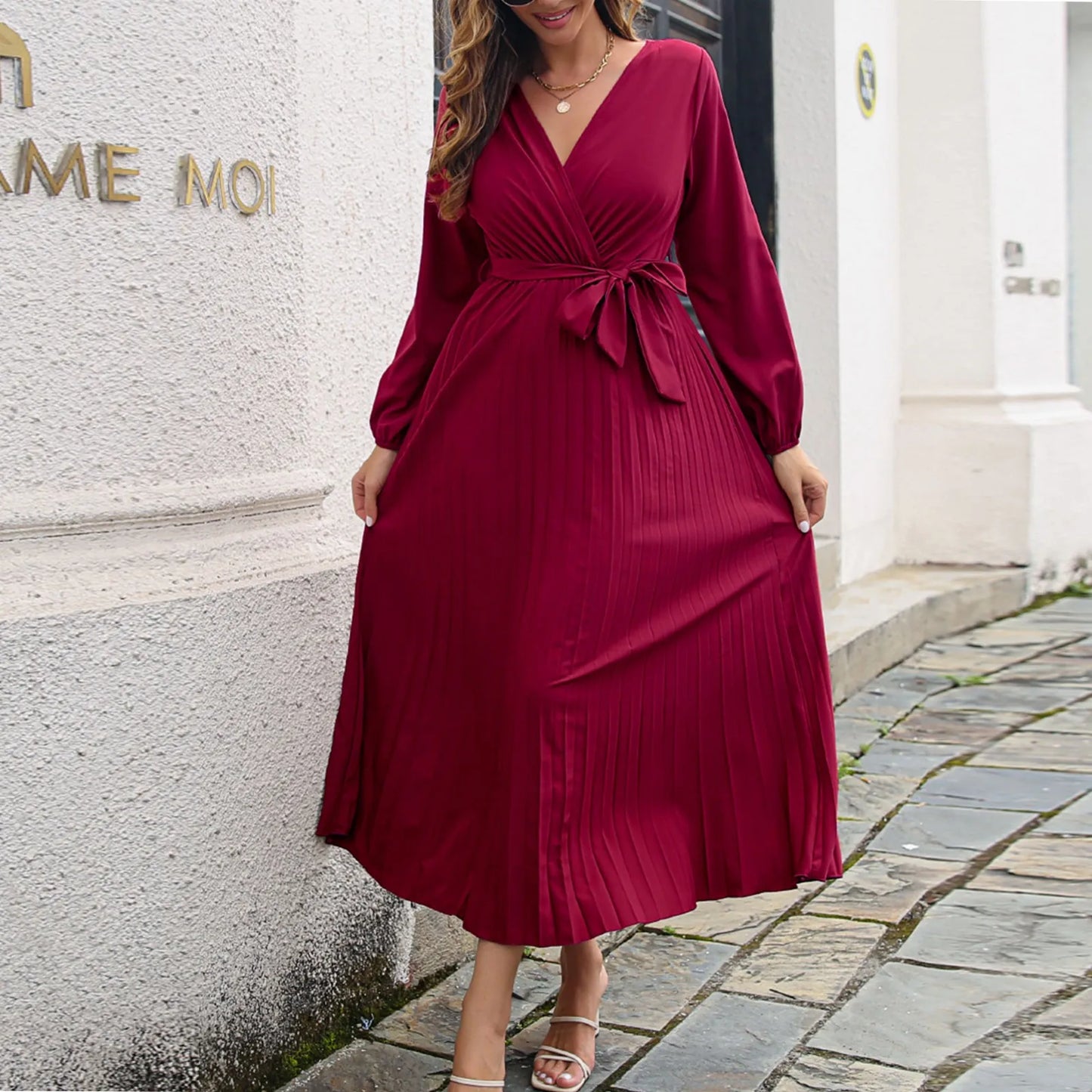 Women's Dress Large Swing Pleated Long Sleeve - integrityhomedecor