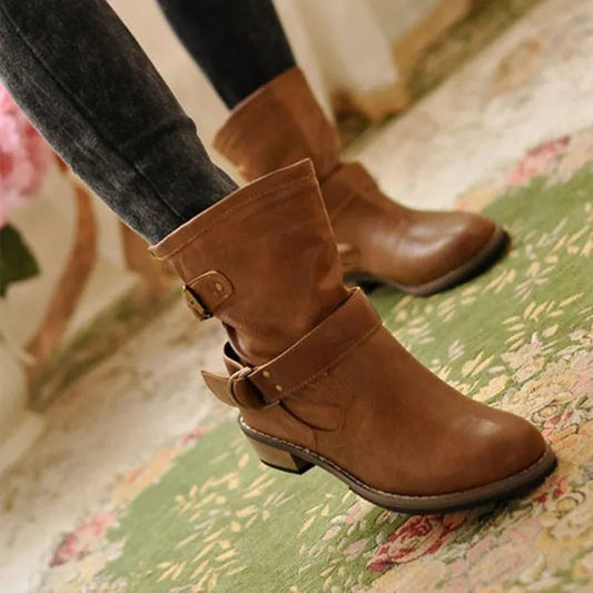 Women's Motorcycle Buckle Leather Boot - integrityhomedecor