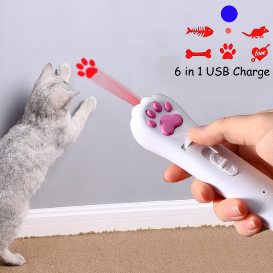 6 in 1 USB Pet LED 1 mw Laser Cat Laser Transform pattern Rechargeable Toy Interactive Bright Animation Pointer Light Pen Toys - integrityhomedecor