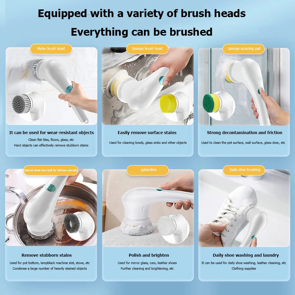 5pcs Electric Cleaning Brush Waterproof Handheld Scrubber Bathroom