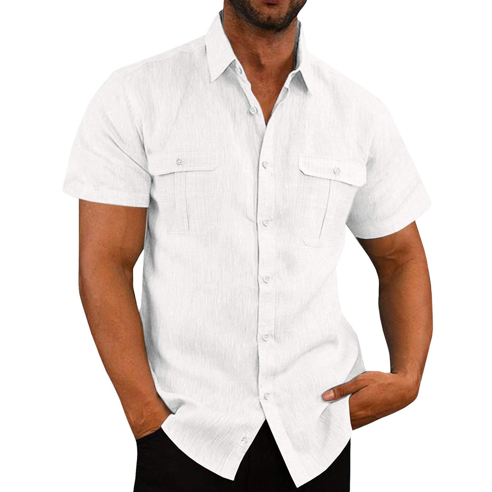 Male Casual Solid Blouse Double Pocket Short Sleeve Turn-Down Collar Shirts Man Tee Fashion Breathable Male Blouse - integrityhomedecor