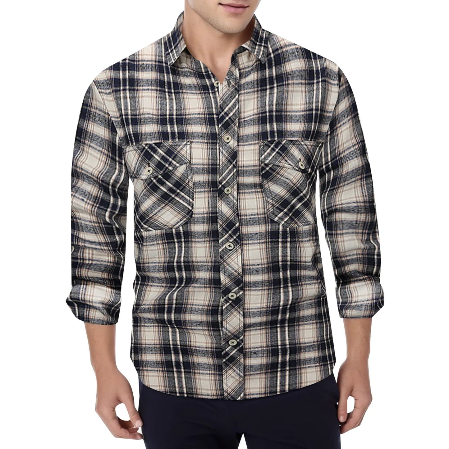 Men Plaid Shirt Double Pockets - integrityhomedecor