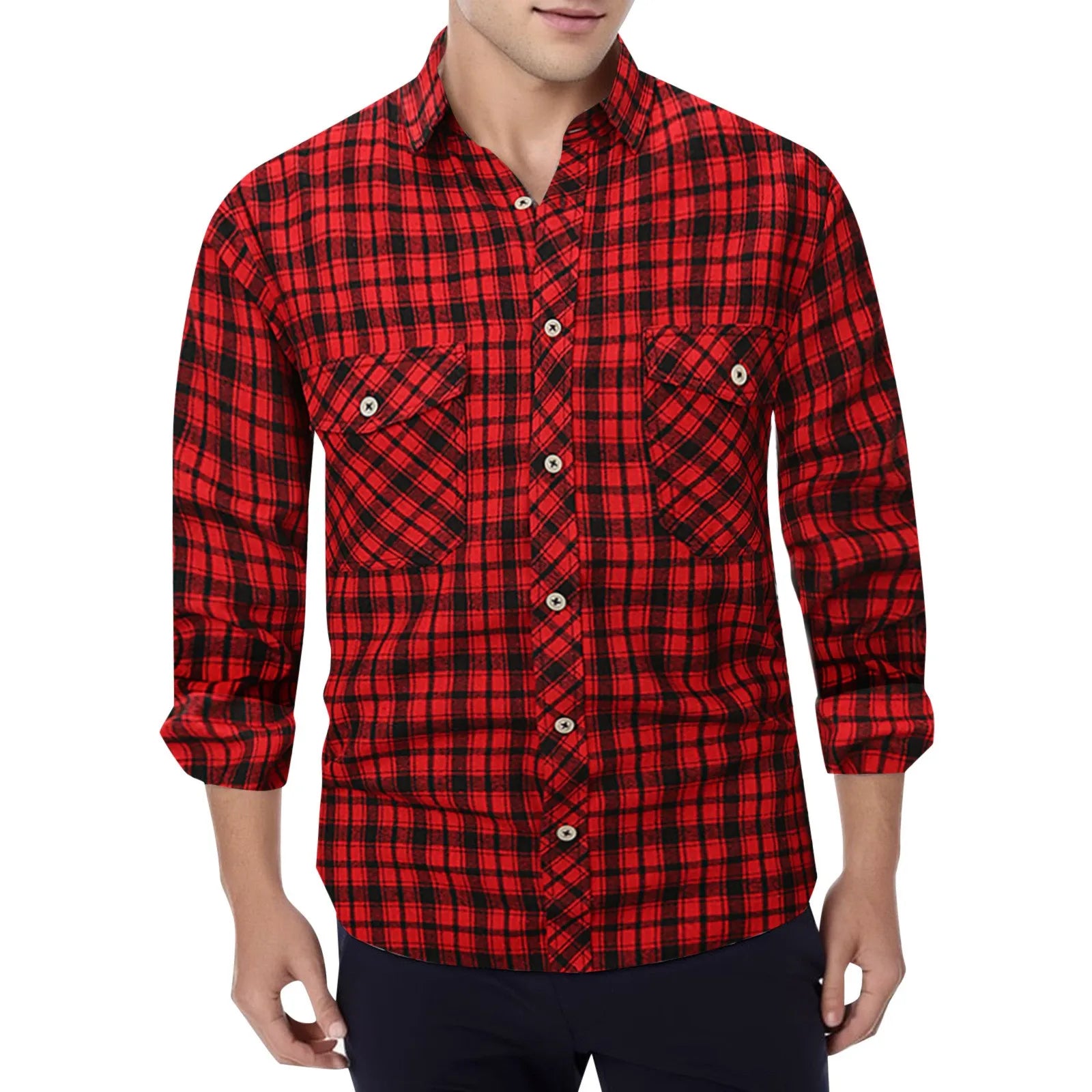 Men Plaid Shirt Double Pockets - integrityhomedecor