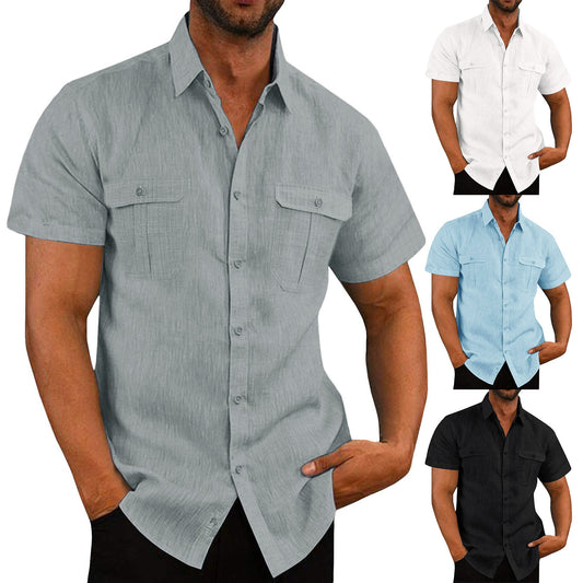 Male Casual Solid Blouse Double Pocket Short Sleeve Turn-Down Collar Shirts Man Tee Fashion Breathable Male Blouse - integrityhomedecor