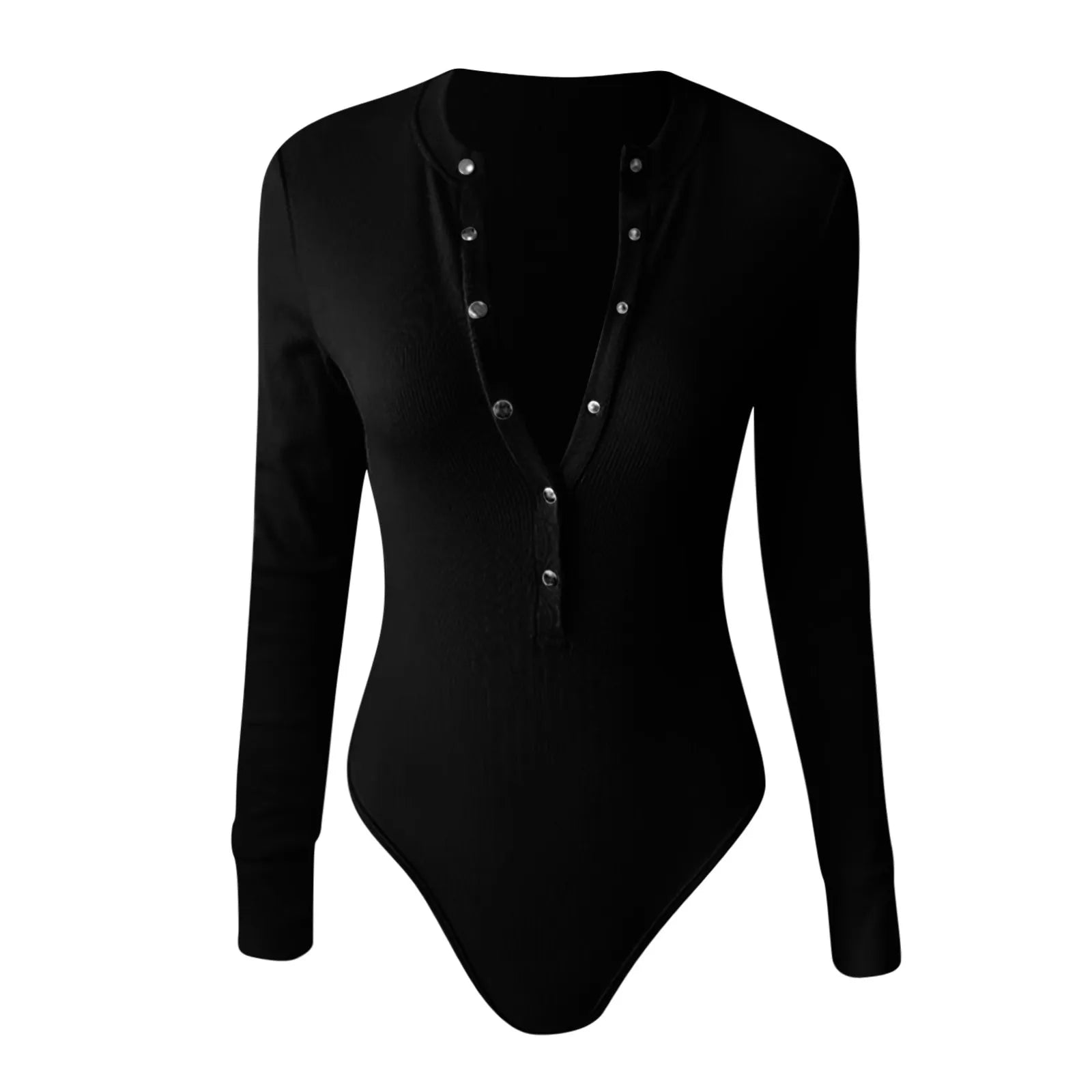 Long Sleeve Sexy Bodysuit Button V Neck Breathable - integrityhomedecor