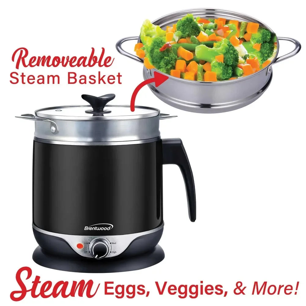 Stainless Steel 1.9 Quart Cordless Electric Hot Pot Cooker and Food Steamer in Black