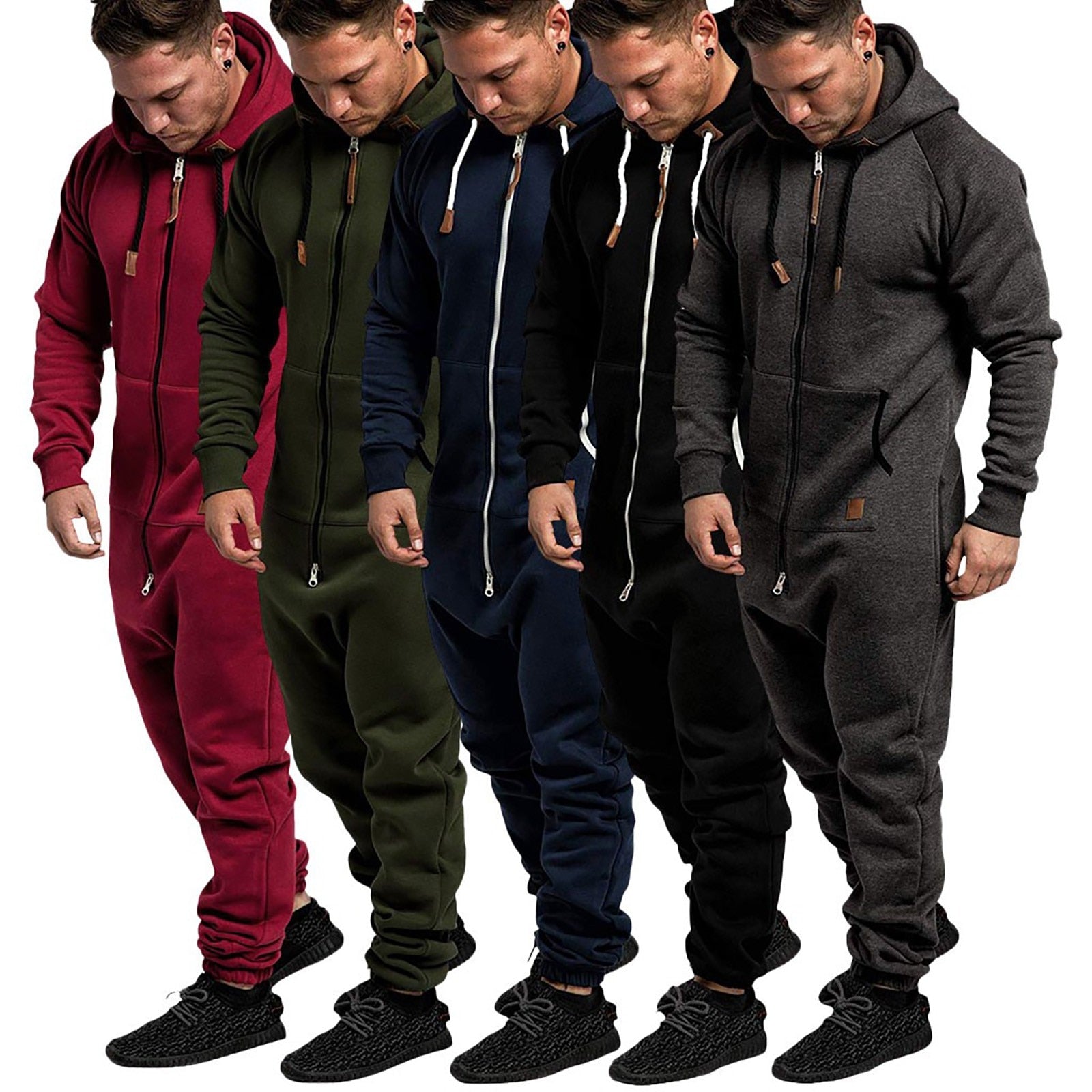 men's Jumpsuit Pajamas Long-sleeved sports pants solid color splicing casual sweater men's zipper hoodie - integrityhomedecor