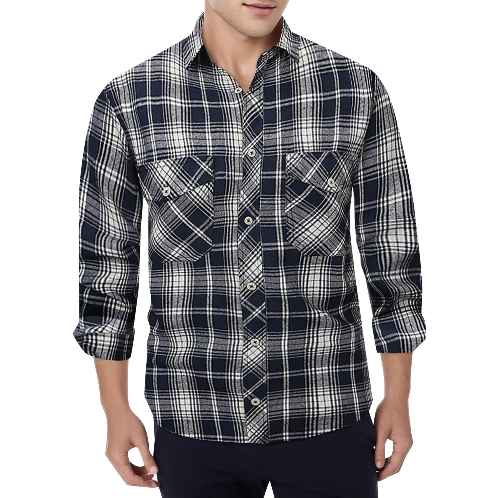 Men Plaid Shirt Double Pockets - integrityhomedecor